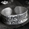 S999 Pure Silver Handmade Men's Retro Wide Face Personality Fashion Silver Bracelet   Glossy Concave Carved Sterling Silver Bracelet. 