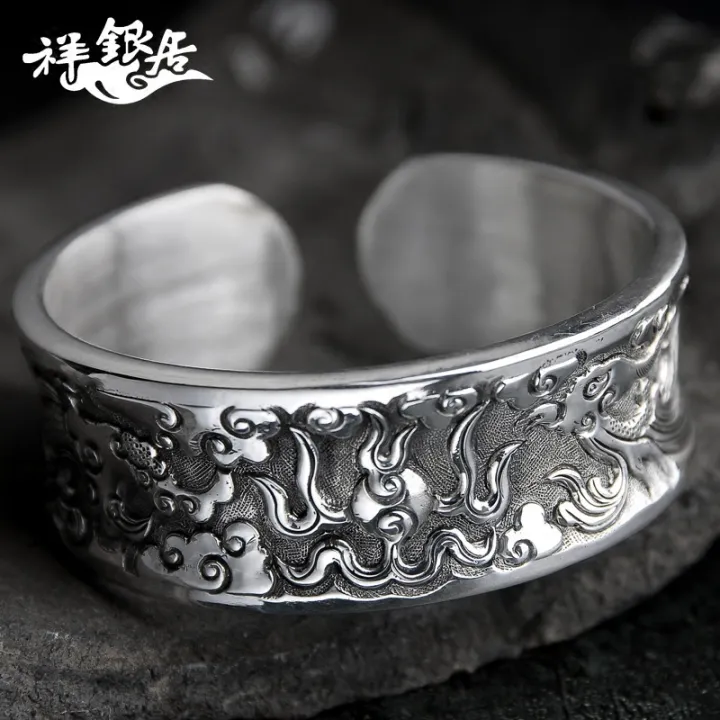 S999%20Pure%20Silver%20Handmade%20Men's%20Retro%20Wide%20Face%20Personality%20Fashion%20Silver%20Bracelet%20%20%20Glossy%20Concave%20Carved%20Sterling%20Silver%20Bracelet%20-%20Image%202