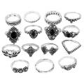 Eancolor  15/PCS Set Retro Silver Open Rings Geometric Black Gemstone Set Rings For Girls. 