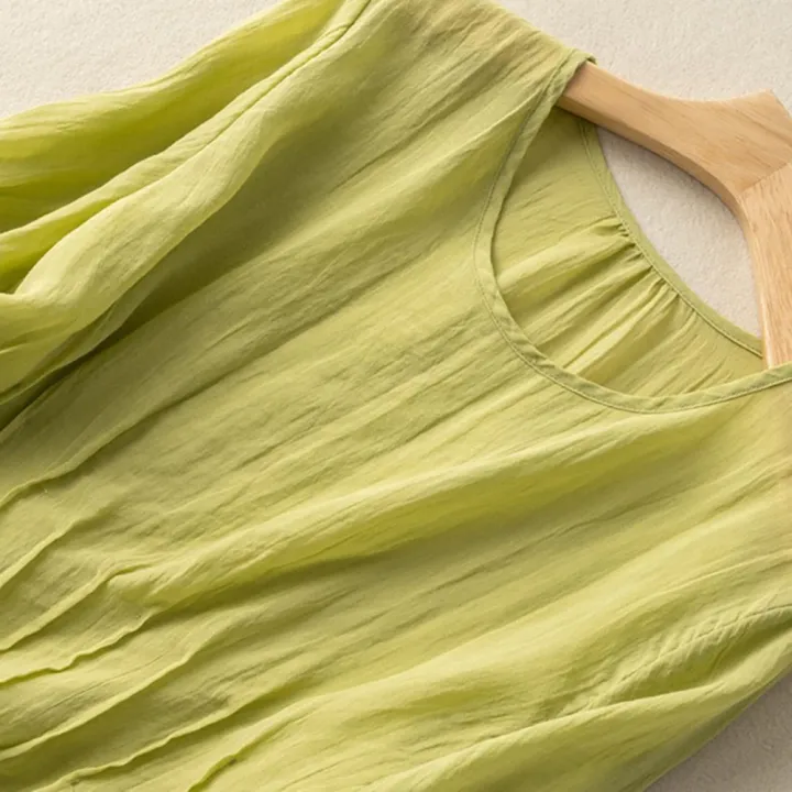 Women%20Cotton%20Cotton%20Linen%20Shirt%20Summer%20Breathable%20Half%20Sleeves%20Tops%20Round%20Neck%20Pullover%20Solid%20Color%20Blouse%20-%20Image%204