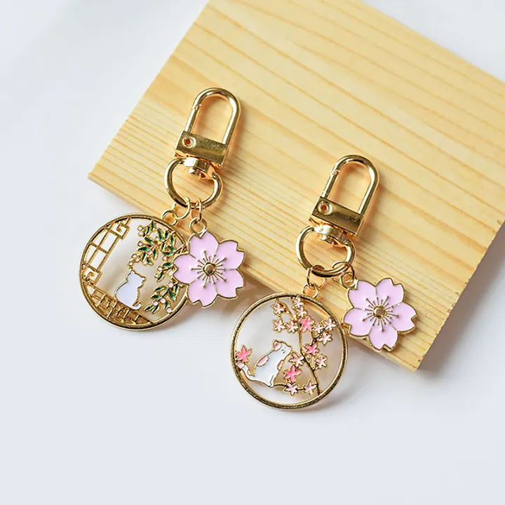 Cute Souvenir Keychain Sakura Cat Hollow Keychain Cartoon Cherry Blossom Cat Keychain Girl Female Cat Pendant Backpack Keychain Cherry Super Store