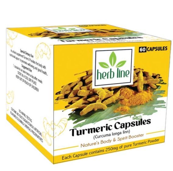 Herb Line Turmeric Capsules 60 CAPSULES ( Curcuma longa linn ) Nature's Body & Spirit Booster Each Capsule contains 250mg of pure Turmeric Powder ( herbline )