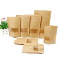 50 Pieces (14x20cm) Brown Kraft Paper Transparent Zip Lock Standup Pouch Bags With Clear Translucent Window For Dried Food, Candy, Spices & Nuts. 