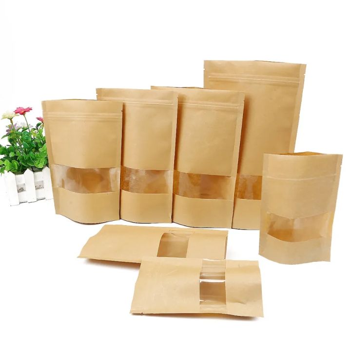 50 Pieces (14x20cm) Brown Kraft Paper Transparent Zip Lock Standup