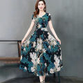 Fashion Casual Women O-Neck Short Sleeve Long Printed Slim A-Line Dress. 