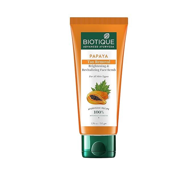 Biotique Papaya Tan Removal Brightening & Revitalizing Face Scrub | Gentle Exfoliation | Smooth and Clear Complexation | 100% Botanical Extracts| Suitable for All Skin Types | 50g