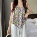 Yfashion Women Cotton Halter Neck Tank Tops Fashion Sweet Floral Printing Sleeveless Tops Elegant Loose Irregular Vest. 