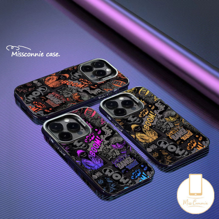 Trendy Brand Cool Comic Boy Soft Case Compatible for IPhone 17 16 11 7Plus 13 14 11 15 12 Pro Max 7 8 14 Plus XR X XS Max SE 2020 Luxury Plating Metal Lens Graffiti English Label Cover