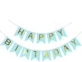 Happy Birthday Blue Banner with Shiny Gold Letters White Paper Bunting Garland Photo Booth Backdrop Hanging Cardstock Party Decorations. 