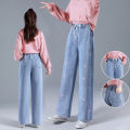 Spring New Wide-Leg Jeans for Junior and Senior High School Girls 12 Years Old 18 Korean Style Loose All-Match High Waist Straight Pants. 