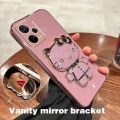 For Xiaomi Redmi Note 12 / Note 12 Pro / Note 12S Back Cover with Cute Cat Makeup Mirror Stand Bracket Luxury 6D Plating Square Frame Phone Case Shiny Holder Soft Silicone Protective Cases Pouch Girls. 