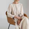 Yfashion Women Cotton Loose Large Size Dress Cotton Linen Round Neck Pullover Casual Simple Solid Color Large Swing Dress. 
