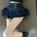 Hot Girl Ruffled Denim Skirt Women's Summer New Korean Style Breasted High Waist Slimming Anti-Emptied Miniskirt. 