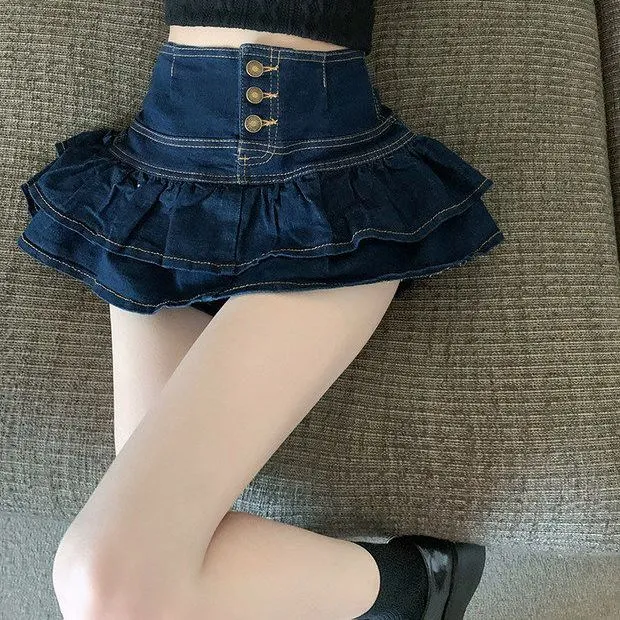 Hot%20Girl%20Ruffled%20Denim%20Skirt%20Women's%20Summer%20New%20Korean%20Style%20Breasted%20High%20Waist%20Slimming%20Anti-Emptied%20Miniskirt%20-%20Image%202