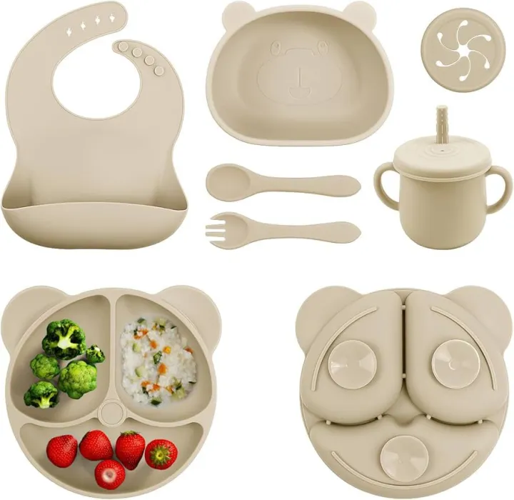 Baby Led Weaning Supplie, Silicone Baby Feeding Set with Suction Plate and Bowl, Toddler Self Feeding Essentials with Spoons Forks Bib Sippy Cup, Eating Utensils for 6+ Months