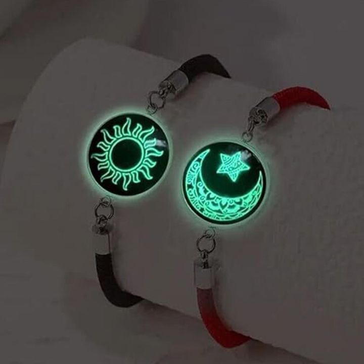 1 pair Casual Accessory Sun Moon Pattern Couple Bracelet Luminous Punk Braided Bracelet Adjustable Rope Bracelet Couple Wear