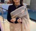 Cuelo Navy Blue Long Sleeve Mock Neck Ribbed Saree Jacket For Women. 