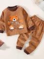 Toddler Boys Underwear Set Cotton Lettering And Bear Pattern Long Sleeve Top And Matching Pants Pajama Set. 