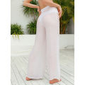 Women Casual Beachwear, Solid Color Hollow Out See-Through Loose Cover Up Long Pants. 