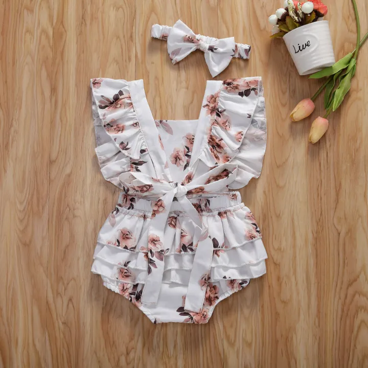 Infant Baby Girls Floral Clothes Ruffle Romper Tops Floral Summer Cute Baby Girl Outfit Clothing The cotton content is greater than 50%
