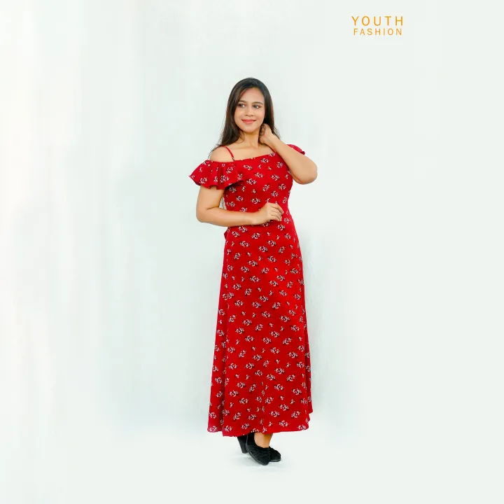 Open shoulder side open printed long frock