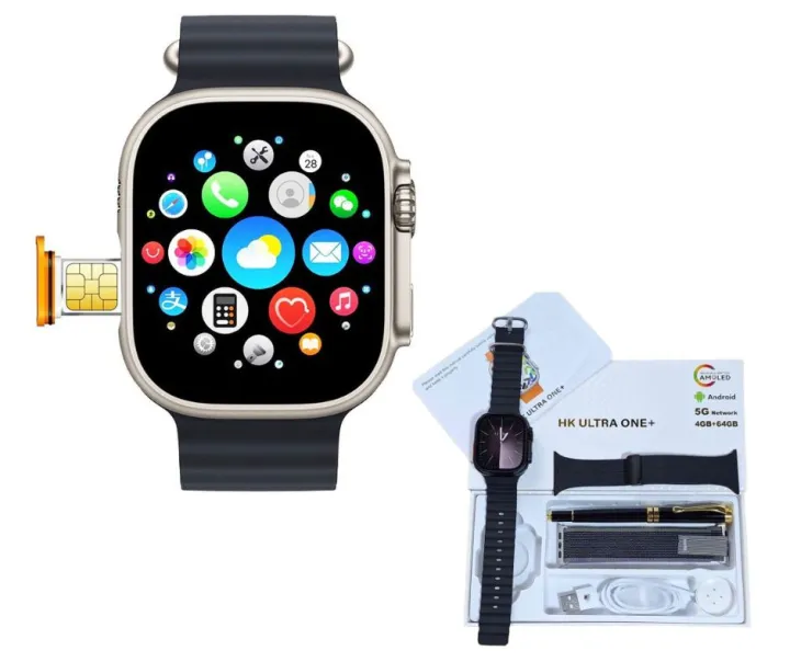HK ULTRA ONE PLUS sim card Smart Watch, HK ULTRA ONE plus 5G SIM card compatible smart watch, Ultra One+ Smart Watch, Original 5G, GPS, WiFi Call, 4GB RAM, 64GB Memory, Download Any App That Can Take Photos, Android Smartwatch, New - Black