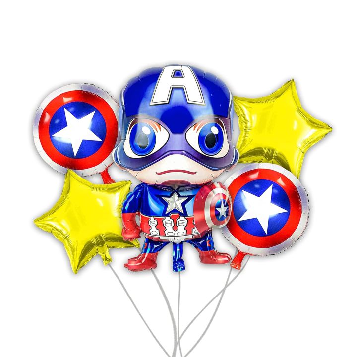 5 Pcs Captain America Foil Balloon Pack - Themed Birthday Party Balloons for Kids - Party Decorations Super Heo Avengers Captain America Design