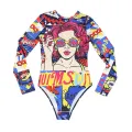 Women's One-Piece Swimsuit, 3D Print Long Sleeve Round Neck Hollow Out Back Bathing Bodysuit. 