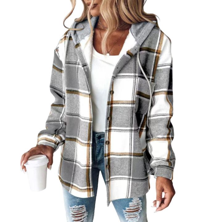 DESCENTE Women Plaid Jacket Stylish Plaid Print Hoodie Coat for Women Warm Cozy Winter Cardigan for Daily Wear Fashion Trend Plaid Hooded Women Coat