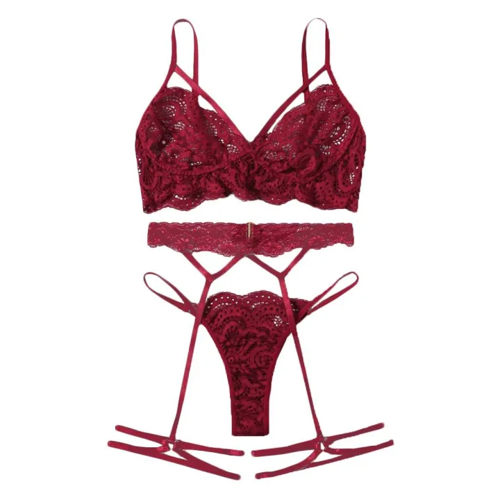 New%20Women%20Sexy%20Lace%20Bra%20Hollow%20Thong%20Garter%20Sleepwear%20Black%20Lingerie%20Set%20S-XL%20-%20Image%203