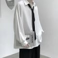 Black Long-sleeved Shirts Men Korean Comfortable Blouses Casual Loose Single Breasted Shirt With Tie. 