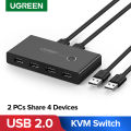 UGREEN USB Switch Selector 2 Computers Sharing 4 USB Devices USB 2.0 Peripheral Switcher Box Hub for Mouse, Keyboard, Scanner, Printer, PCs with One-Button Swapping and 2 Pack USB A to A Cable. 