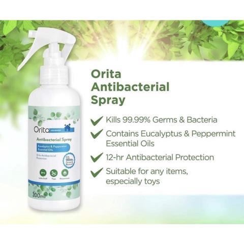 ORITA Antibacterial Spray Eucalyptus & Peppermint Essentials Oil 12 Hour Protection 200ml SAB (FROM MALAYSIA)