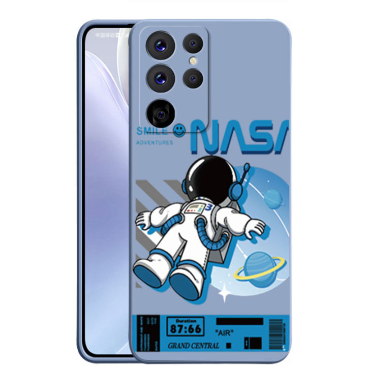 Samsung Galaxy S23 S22 Ultra S23+ S22+ S21+ S20+ Plus Samsung Galaxy S23 S21 S20 FE 5G Smile Astronaut Square Phone Case Liquid Silicon Soft Casing nasa Cover