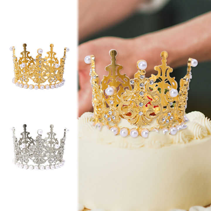 Mini Crown Cake Topper Crystal Pearl Tiara Children Hair Ornaments Kids Birthday Party Cakes Dessert Accessories Elegant Wedding Supplies 1Pcs