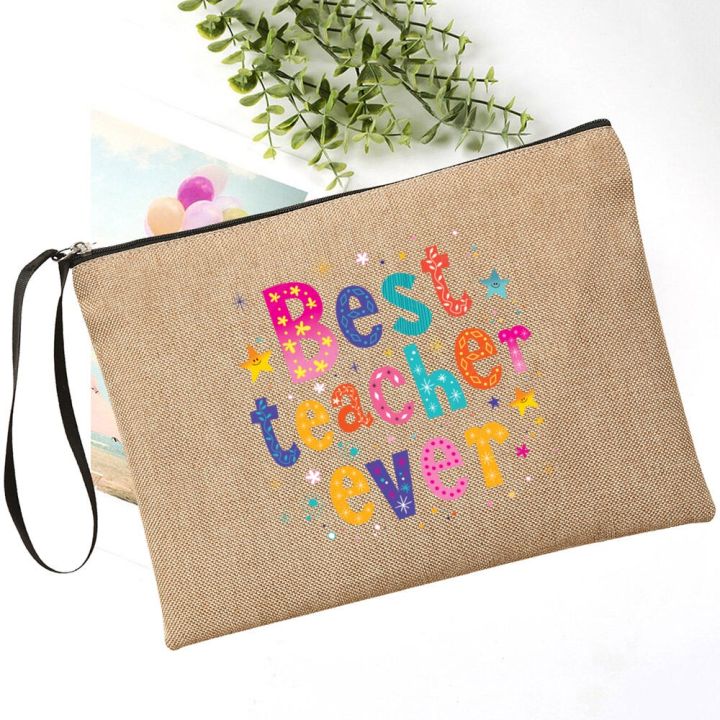 Best Teacher Ever Printed Cosmetic Bag Linen Stationery Bag Travel ...