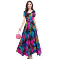 bellylady Women Cotton Casual Dress Floral Pattern Round Neck ing Short-sleeve A-line Long Dress. 