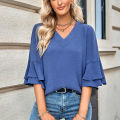 Yfashion Women V-neck Ruffle Bell Sleeve Blouse Solid Color Soft Comfortable Summer Loose Top Pullover T-shirt. 