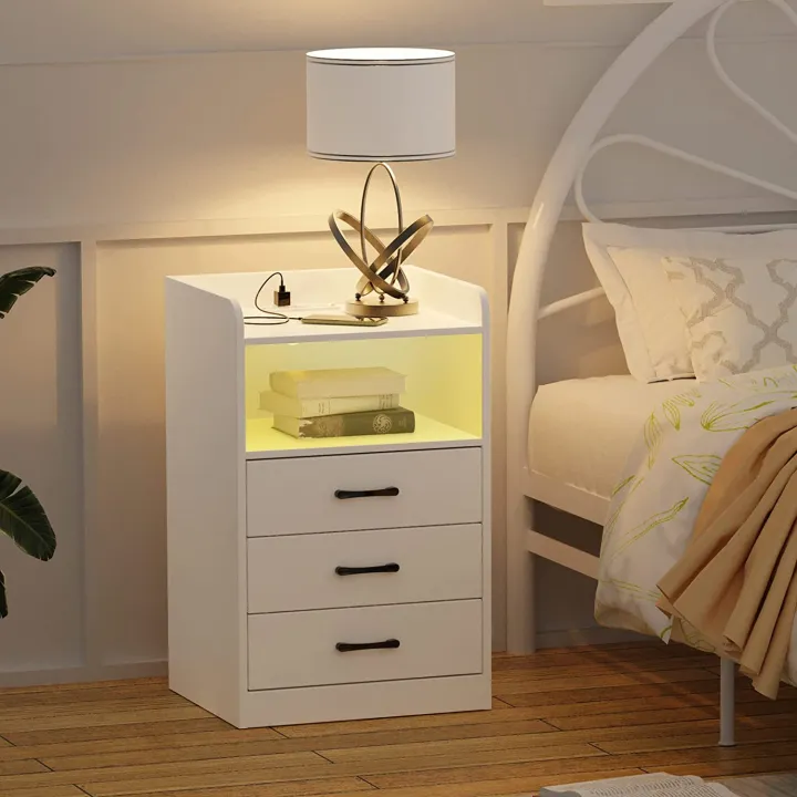VTEC HOME Modern Lighted Bedside Table with 3 drawers / Side Table / End Table /Nightstand / Bedside Cabinet / Bedroom Furniture / Drawer Cupboard / Modern Furniture / Living Room Furniture / Lighted Furniture / Modern Bedside Cupboard - WLBC 1700