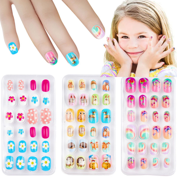 Children Press on Nails,24 Pcs Nails Tips for Kids Acrylic Nails Pre-glue Full Cover Short False Nails Cute Fingernails