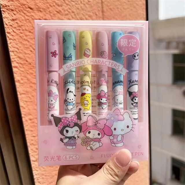 【The Quiet Page】6pcs Sanrio Highlighter Pen Set Mymelody Kuromi Cinnamoroll Pom Pom Purin Pochacco Markers Stationery Mini Felt-Tip Highlighters
