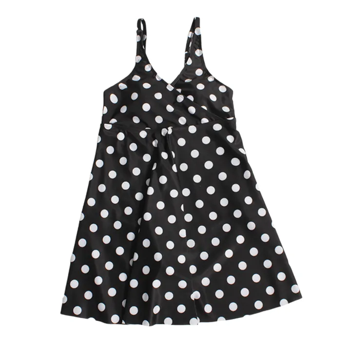 Women One-piece Bikini Swimsuit Dot Print Slit Dress Style V-neck Sleeveless Padded Bodysuit Beachwear