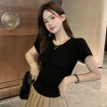 Fashionable Hot Girl Short T-shirt 2025 Summer New Style Back Hollow Design Slim Pleated Waist Short-sleeved Top. 