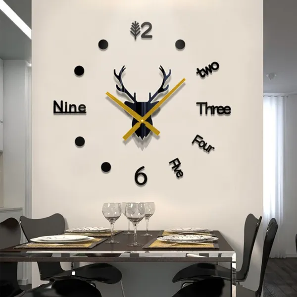 Large Acrylic 3D Wall Watch Clocks DIY Mirror Deer Head Stickers Art Decal Living Room Quartz Needle Europe Style Home Decor