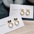 1Pair Korean Style Bow Zircon Round Simple Stud Earrings For Girls Women Jewellery Gift. 