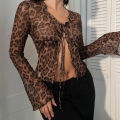 CIBBAR y2k Sexy Mesh Crop Top Vintage 2000s Leopard Print Ruffles Patchwork Bandage Cardigan T-shirts Women Transparent Club Tee. 