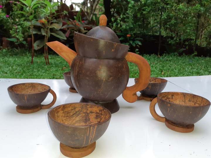 Coconut Shell Tea Pot With 4 Cups - Desert Cup - Bowl - Hand Made - 100% Eco Frendly - Dishes - Tea Mug - Suger Bowl - Tray - Spoon - Curry Bowl