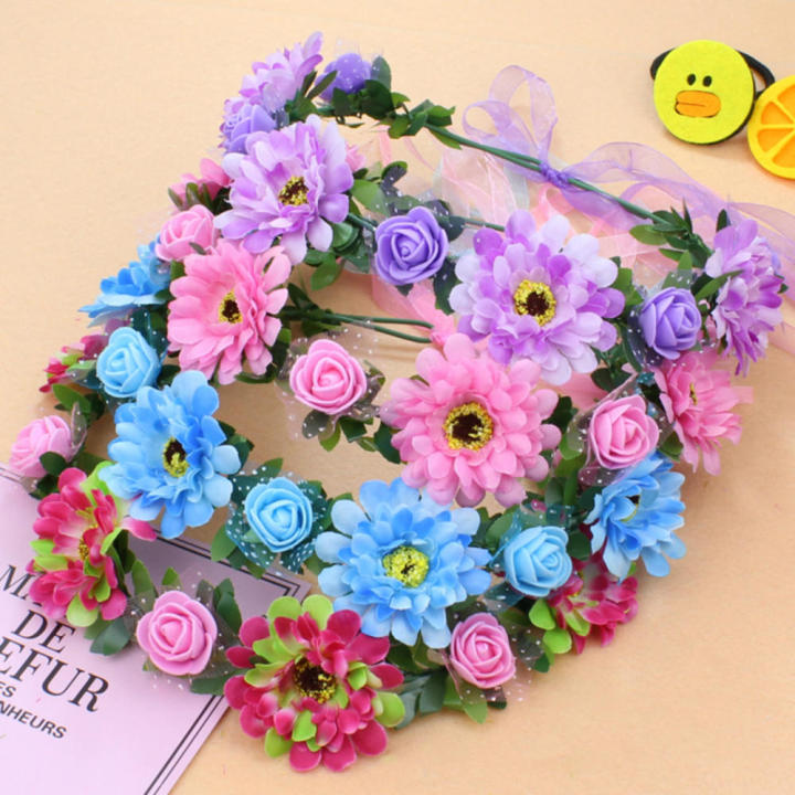 with Adjustable Ribbon Bloomy Rose Flower Leave Crown Bridal Halo Headband