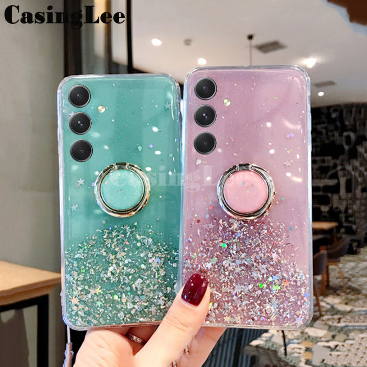 For Samsung Galaxy A24 Case Shiny Ring Glitter Soft Transparent Holder Stand Back Cover Casing for Samsung Galaxy A24 Phone Cases Cover Stars Moon Girls