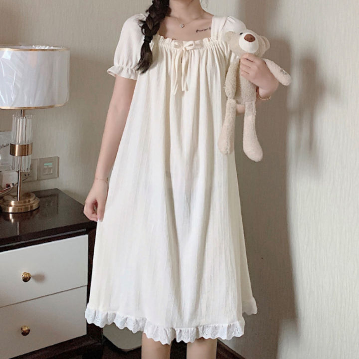 Vintage Kawaii Nightgowns Cotton Women's Sleepwear Lace Ruffle Collar Peignoirs Lounge Wear Victorian Night Dress Ladies Nightie